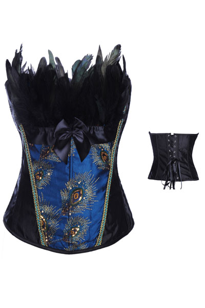 Sexy Strapless Burlesque Peacock Feather Boned Corset-YOKO5304-blue