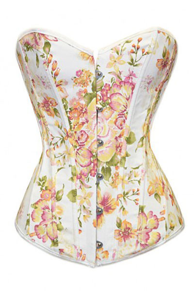 Delightful Tulip Peony Flock Boned Denim Corset-YOKO5314